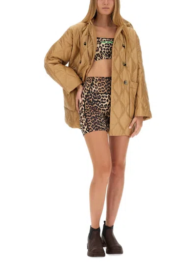Ganni Beige Quilted Down Jacket With Hood In Yellow