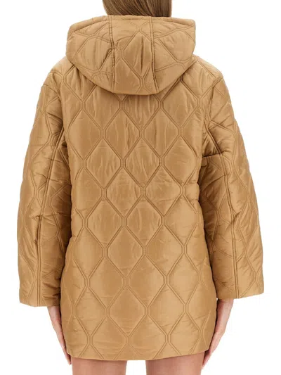 Ganni Beige Quilted Down Jacket With Hood In Yellow