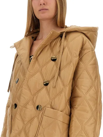 Ganni Beige Quilted Down Jacket With Hood In Yellow