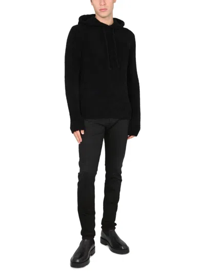 Ten C Drawstring Hooded Sweater With Ribbed Details In Black