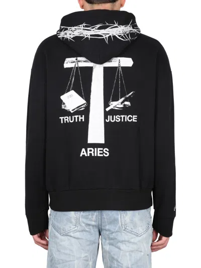 Aries Hoodie With Drawstring Hood And Back Detail In Black