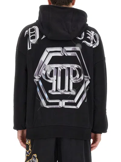 Philipp Plein Graphic Print Hooded Oversize Sweater In Black
