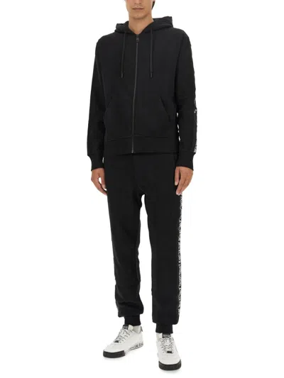 Versace Jeans Couture Full-zip Hoodie With Adjustable Drawstrings And Subtle Branding In Black