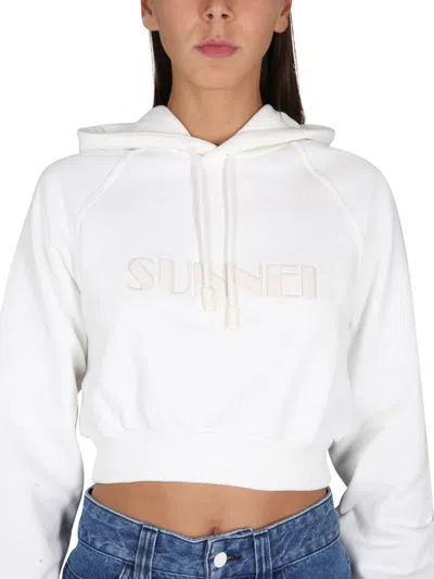 Sunnei Cropped Hoodie With Drawstring In White