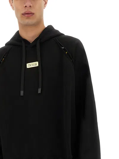 Versace Jeans Couture Cotton Hooded Sweatshirt With Logo Plaque In Black