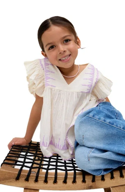 Raffya Kids Mariana Flutter Sleeve Embroidered Blouse In White