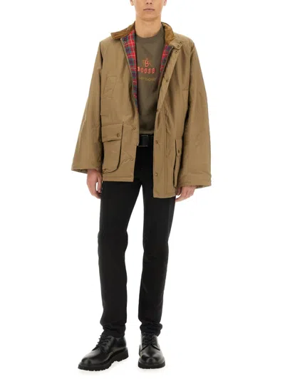 Barbour Bedale Jacket With Flap Pockets And High Collar In Brown