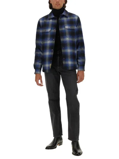 Woolrich Checked Italian Wool Blend Alaskan Padded Overshirt In Blue