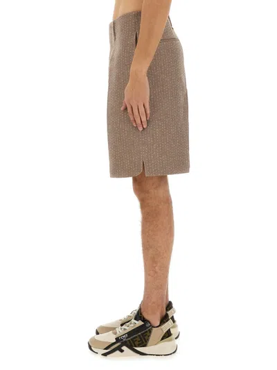 Fendi Stitching Jacquard Wool Bermuda Shorts In Brown