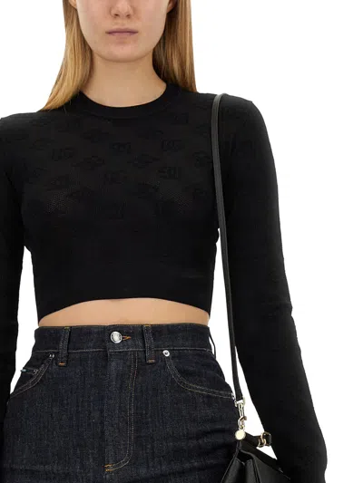 Dolce & Gabbana Viscose Mesh Top With All-over Dg Logo In Black
