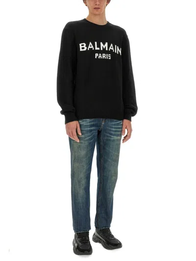 Balmain Navy Merino Intarsia Logo Sweater In Black