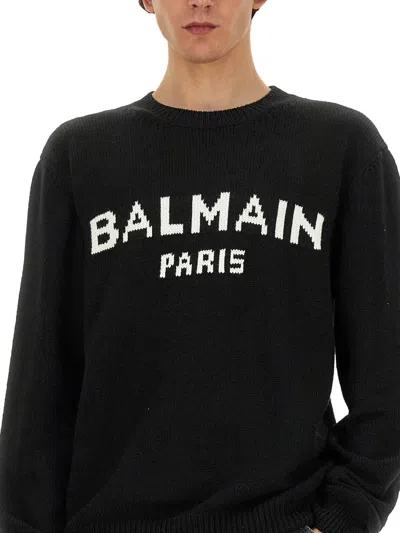 Balmain Navy Merino Intarsia Logo Sweater In Black