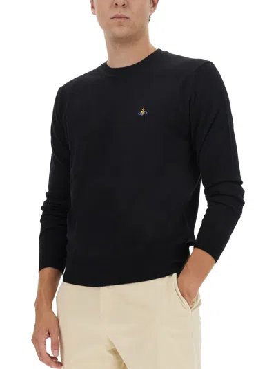 Vivienne Westwood 'alex' Black Crewneck Sweater With Orb Logo Detail On The Front