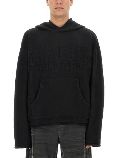 Mm6 Maison Margiela Wool Blend Hooded Sweatshirt With Embroidered Detail In Black