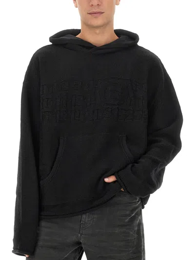 Mm6 Maison Margiela Wool Blend Hooded Sweatshirt With Embroidered Detail In Black