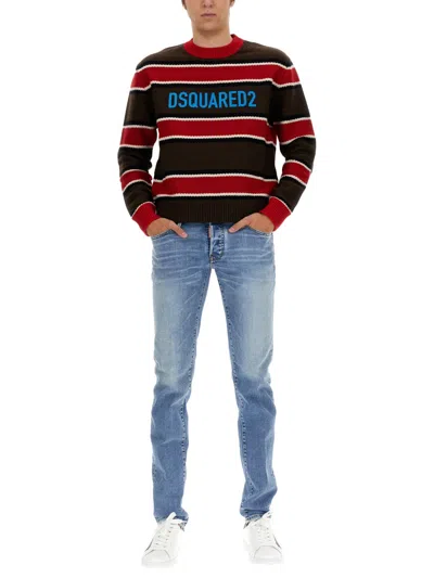 Dsquared2 Logo Crew Neck Sweater With Striped Pattern In Multi