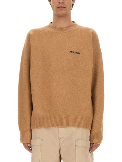 Palm Angels Logo-embroidered Wool-blend Jumper In Brown