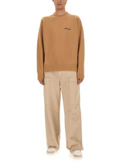Palm Angels Logo-embroidered Wool-blend Jumper In Brown