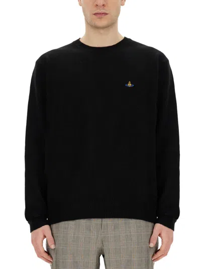 Vivienne Westwood 'alex' Black Crewneck Sweater With Orb Logo Detail On The Front In Black
