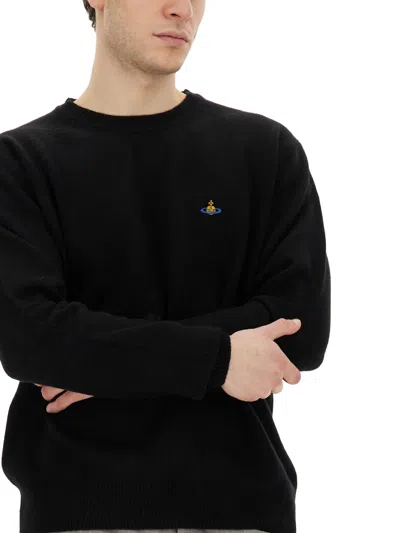 Vivienne Westwood 'alex' Black Crewneck Sweater With Orb Logo Detail On The Front In Black