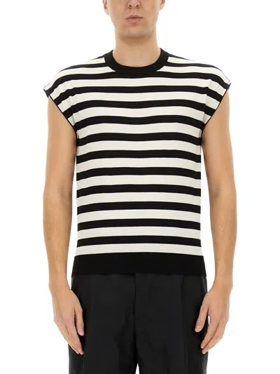Dolce & Gabbana Black And White Sleeveless Top With Round Neck And All-over Strpied Motif In Multi