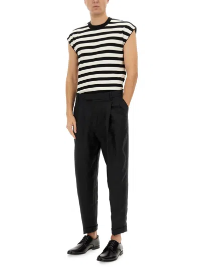 Dolce & Gabbana Black And White Sleeveless Top With Round Neck And All-over Strpied Motif In Multi