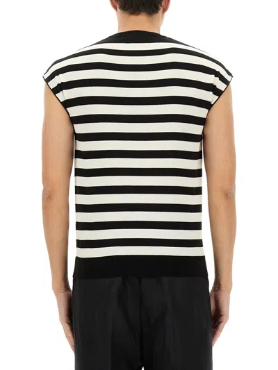 Dolce & Gabbana Black And White Sleeveless Top With Round Neck And All-over Strpied Motif In Multi