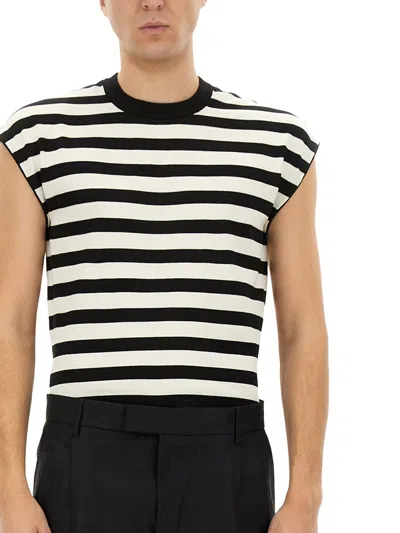 Dolce & Gabbana Black And White Sleeveless Top With Round Neck And All-over Strpied Motif In Multi