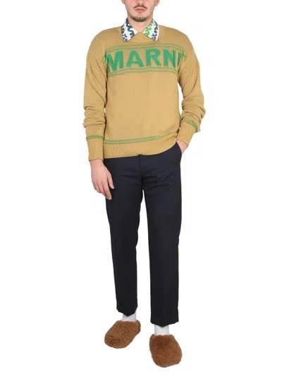 Marni Brown Embroidered Logo Cotton Sweater In Brown