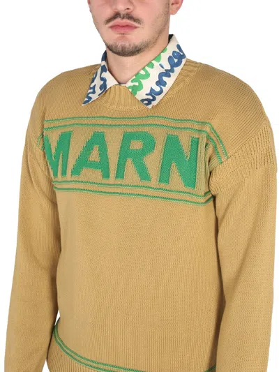 Marni Brown Embroidered Logo Cotton Sweater In Brown