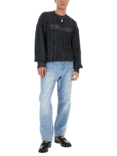 Versace Knit With Greek Braid Work In Gray