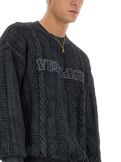 Versace Knit With Greek Braid Work In Gray