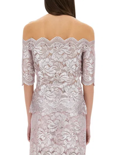 Rabanne Foiled Metallic Stretch Lace Off The Shoulder Top In Purple