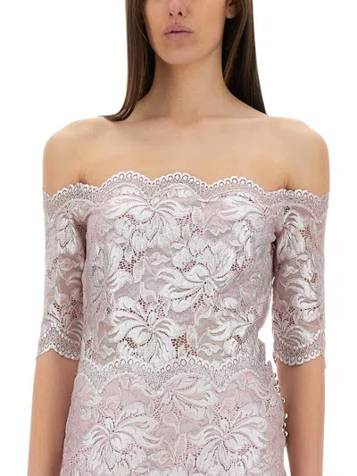 Rabanne Foiled Metallic Stretch Lace Off The Shoulder Top In Purple