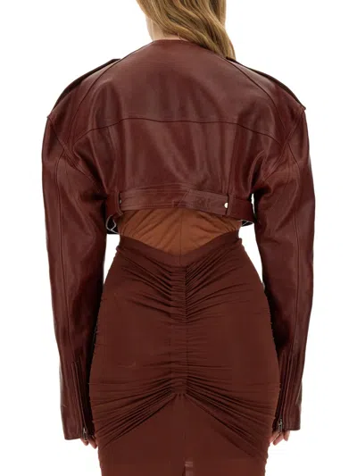 Rick Owens Belted Cropped Biker Jacket In Burgundy