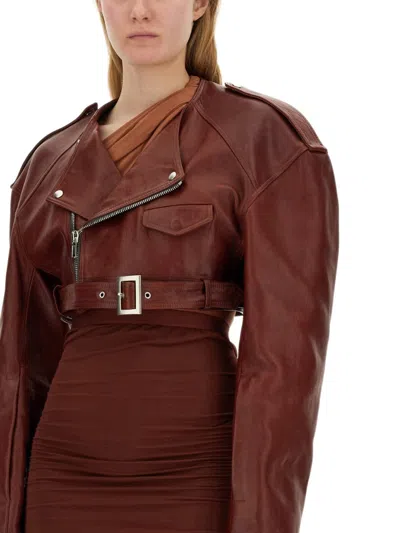 Rick Owens Belted Cropped Biker Jacket In Burgundy