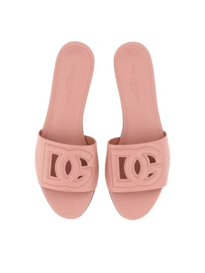 Dolce & Gabbana Dg Logo Leather Flat Sandals In Pink