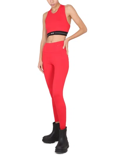 Msgm Logo Leggings With Elastic High Waistband In Red