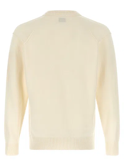 C.p. Company Men White Crewneck Sweater With Logo Plaque On The Sleeve In Wool Blend Man In Neutral