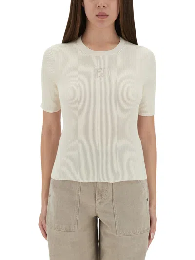 Fendi Ribbed Cotton T-shirt With Subtle Logo Detail In White