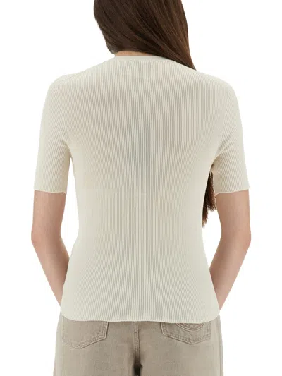 Fendi Ribbed Cotton T-shirt With Subtle Logo Detail In White