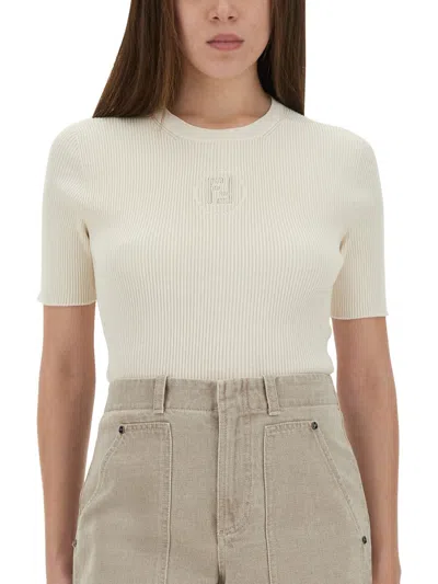 Fendi Ribbed Cotton T-shirt With Subtle Logo Detail In White