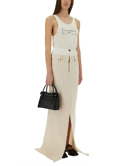 Maison Margiela Beige Top With Wide Neckline And Logo Printed On The Front In White
