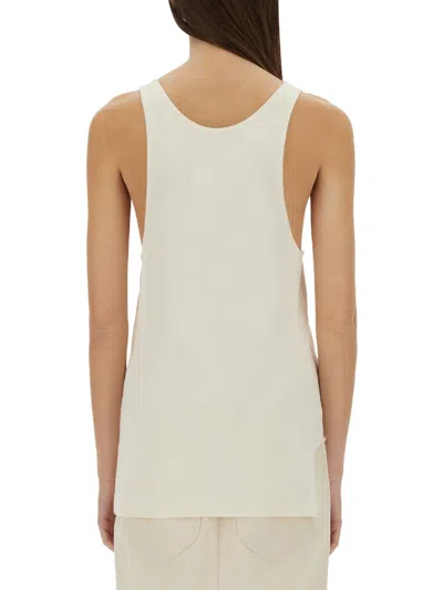 Maison Margiela Beige Top With Wide Neckline And Logo Printed On The Front In White