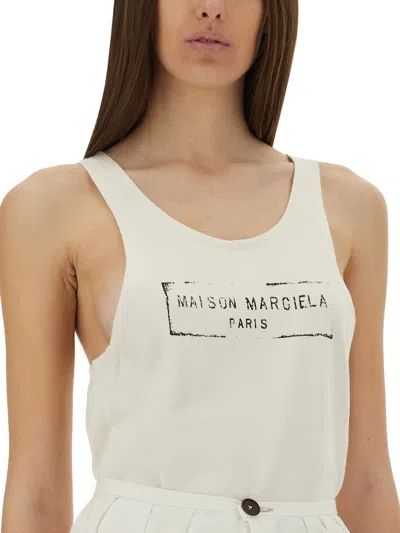 Maison Margiela Beige Top With Wide Neckline And Logo Printed On The Front In White