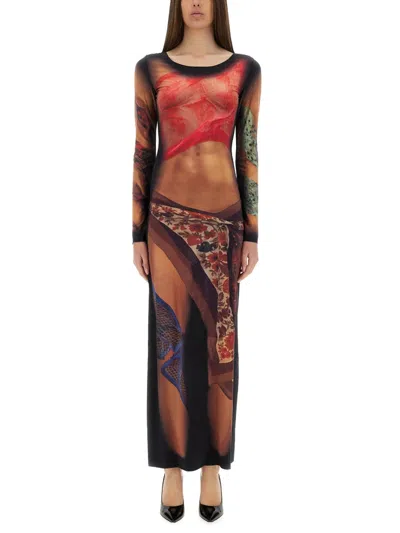Marine Serre Multicolor Long Dress With All-over Graphic Print In Black