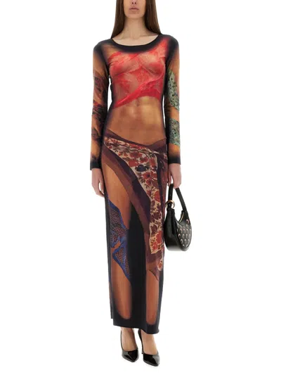 Marine Serre Multicolor Long Dress With All-over Graphic Print In Black