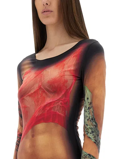 Marine Serre Multicolor Long Dress With All-over Graphic Print In Black