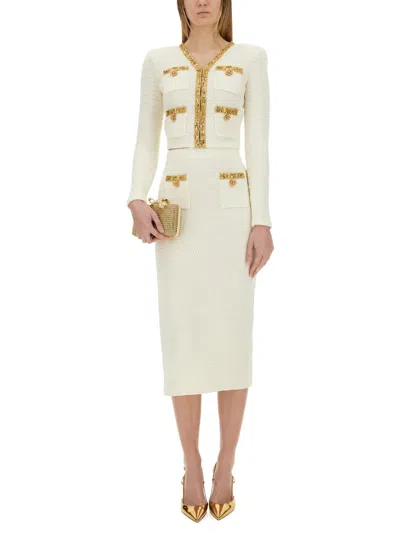 Self-portrait Cream Knit Lurex Trim Midi Skirt In White