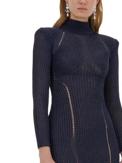 Self-portrait Knitted Ribbed Long Dress In Blue